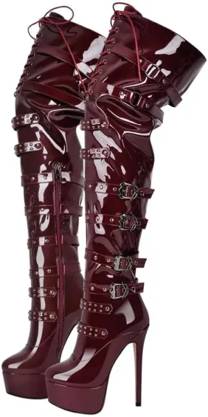 LISHAN Women's Platform High Heels Thigh High Boots Lace Up Stilettos