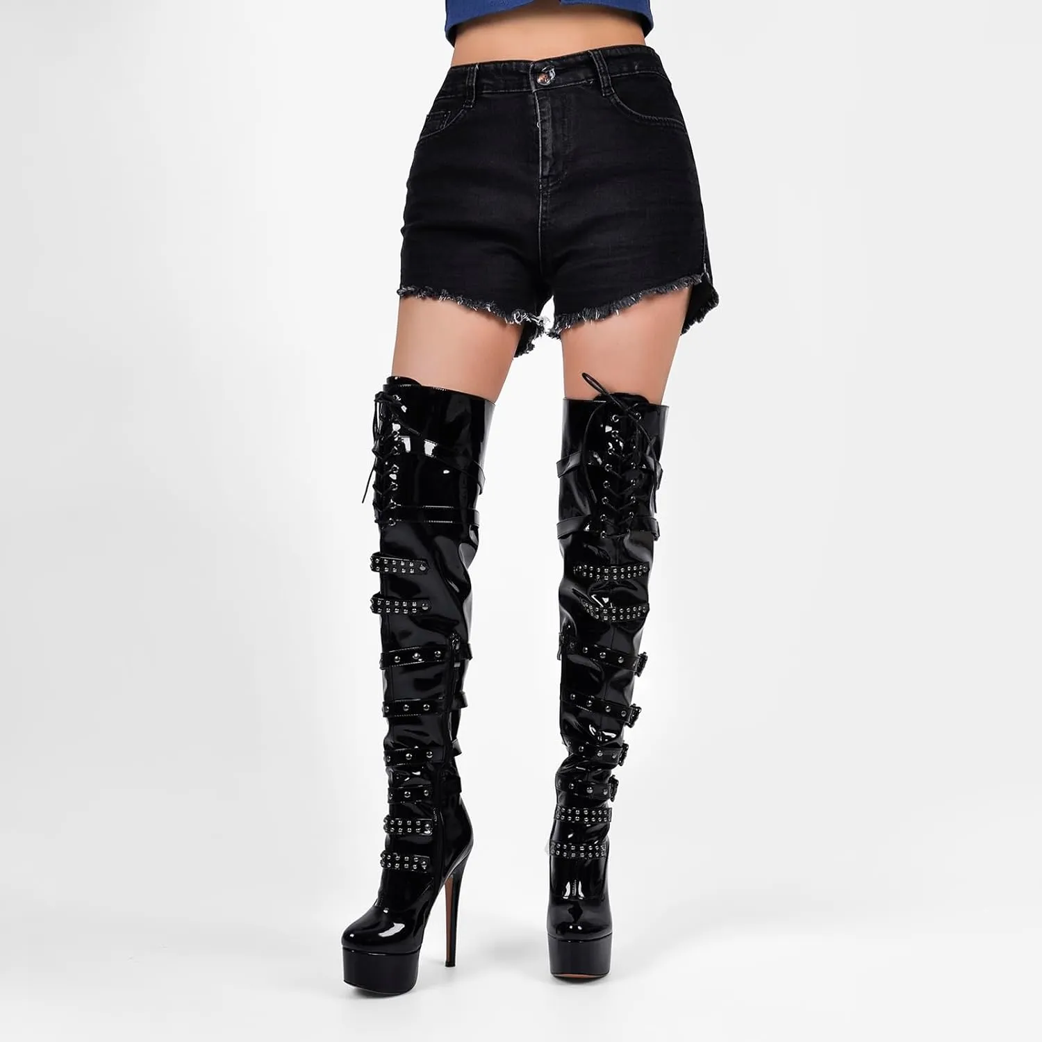 LISHAN Women's Platform High Heels Thigh High Boots Lace Up Stilettos