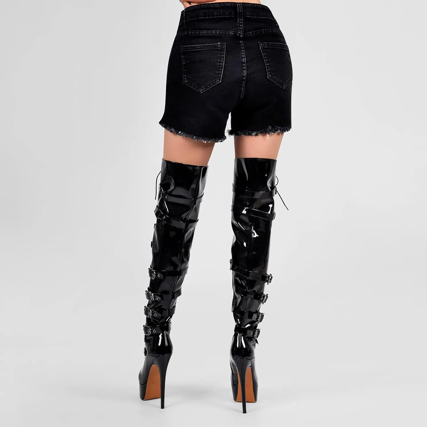 LISHAN Women's Platform High Heels Thigh High Boots Lace Up Stilettos