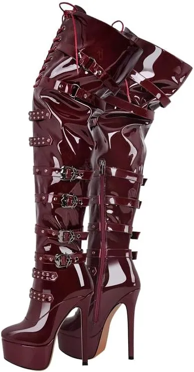 LISHAN Women's Platform High Heels Thigh High Boots Lace Up Stilettos