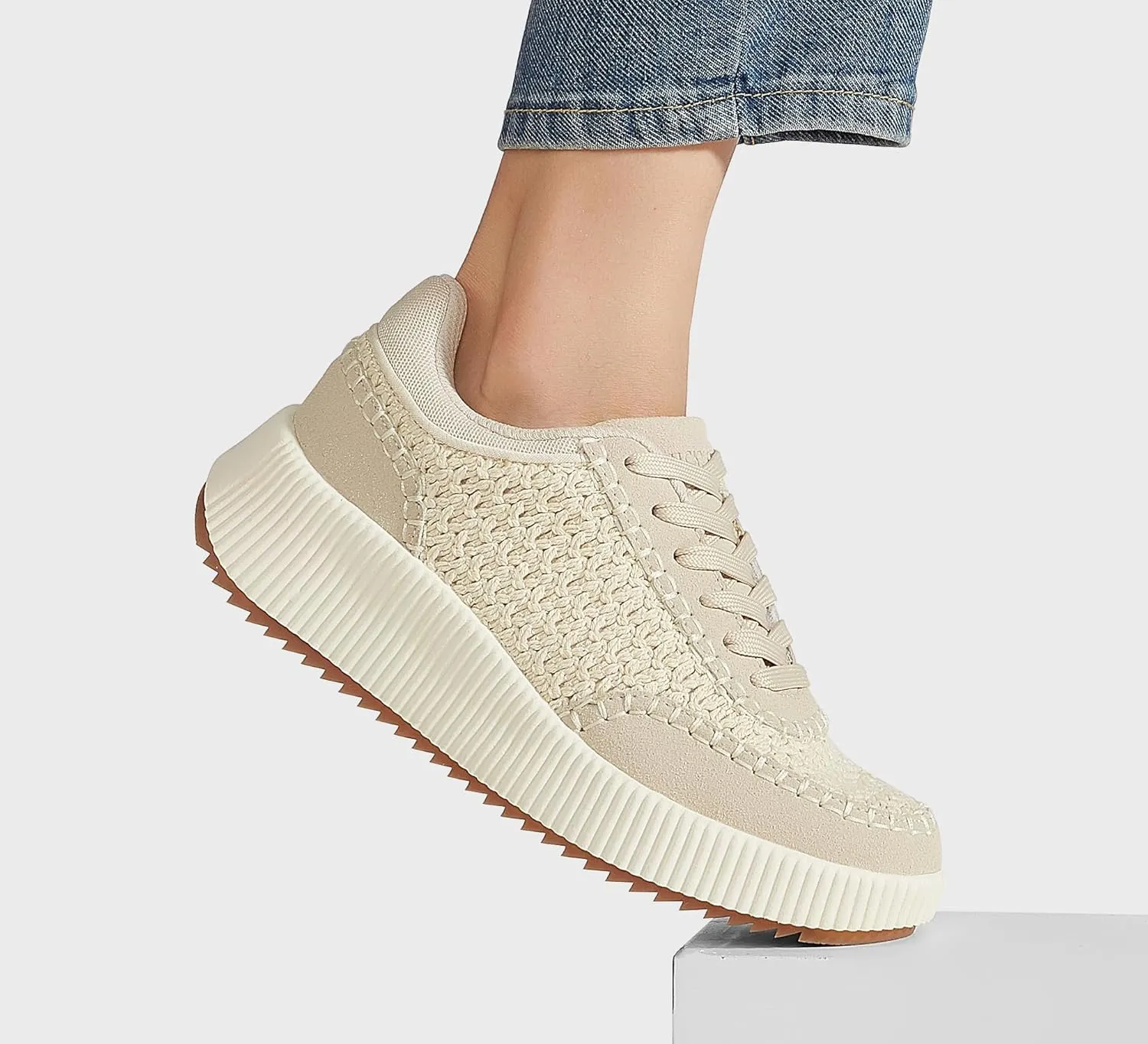 LUCKY STEP Women's Platform Sneakers Retro Braided Fashion Casual Chunky Shoes Breathable Durable Non Slip Walking Footwear