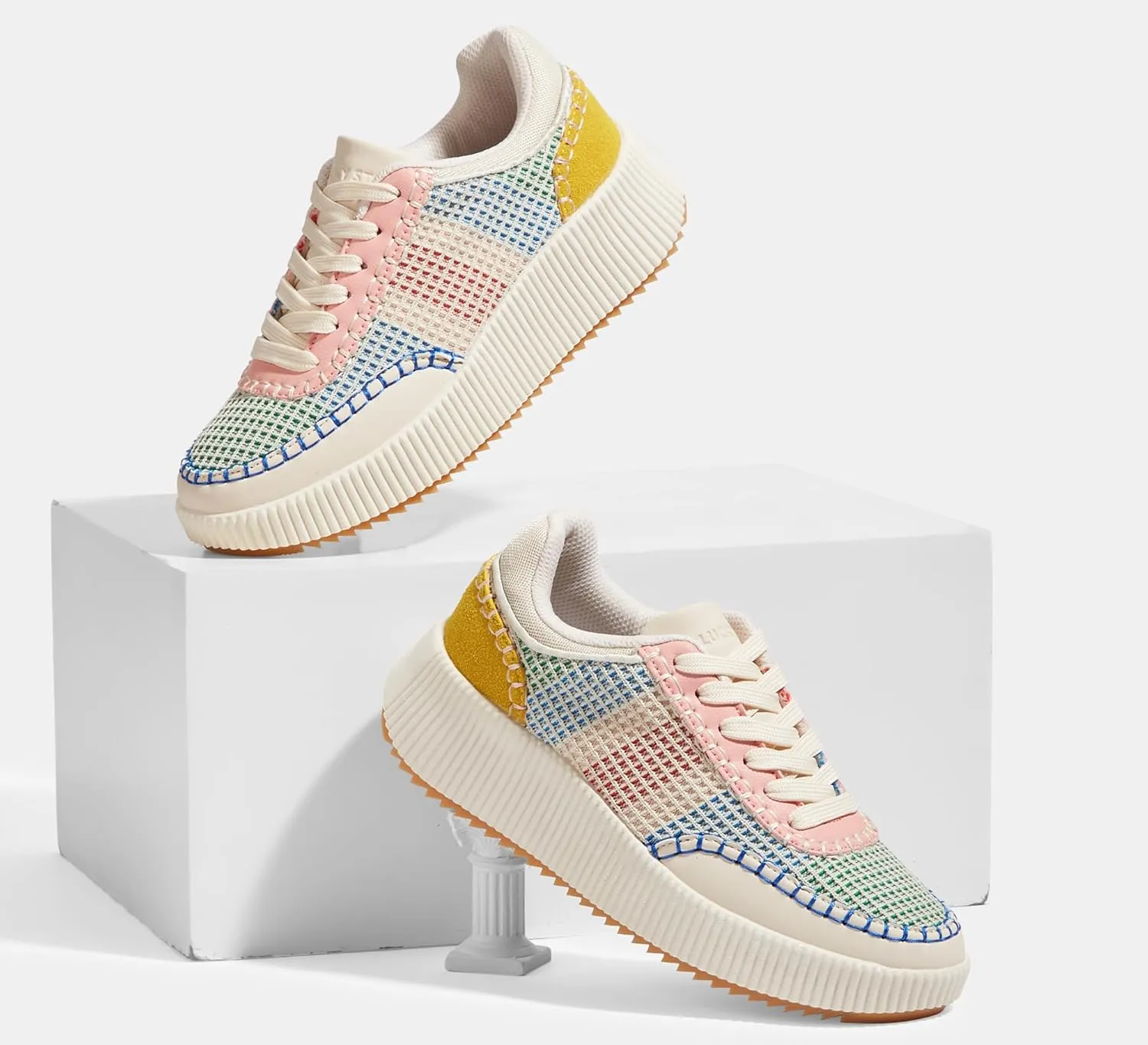 LUCKY STEP Women's Platform Sneakers Retro Braided Fashion Casual Chunky Shoes Breathable Durable Non Slip Walking Footwear
