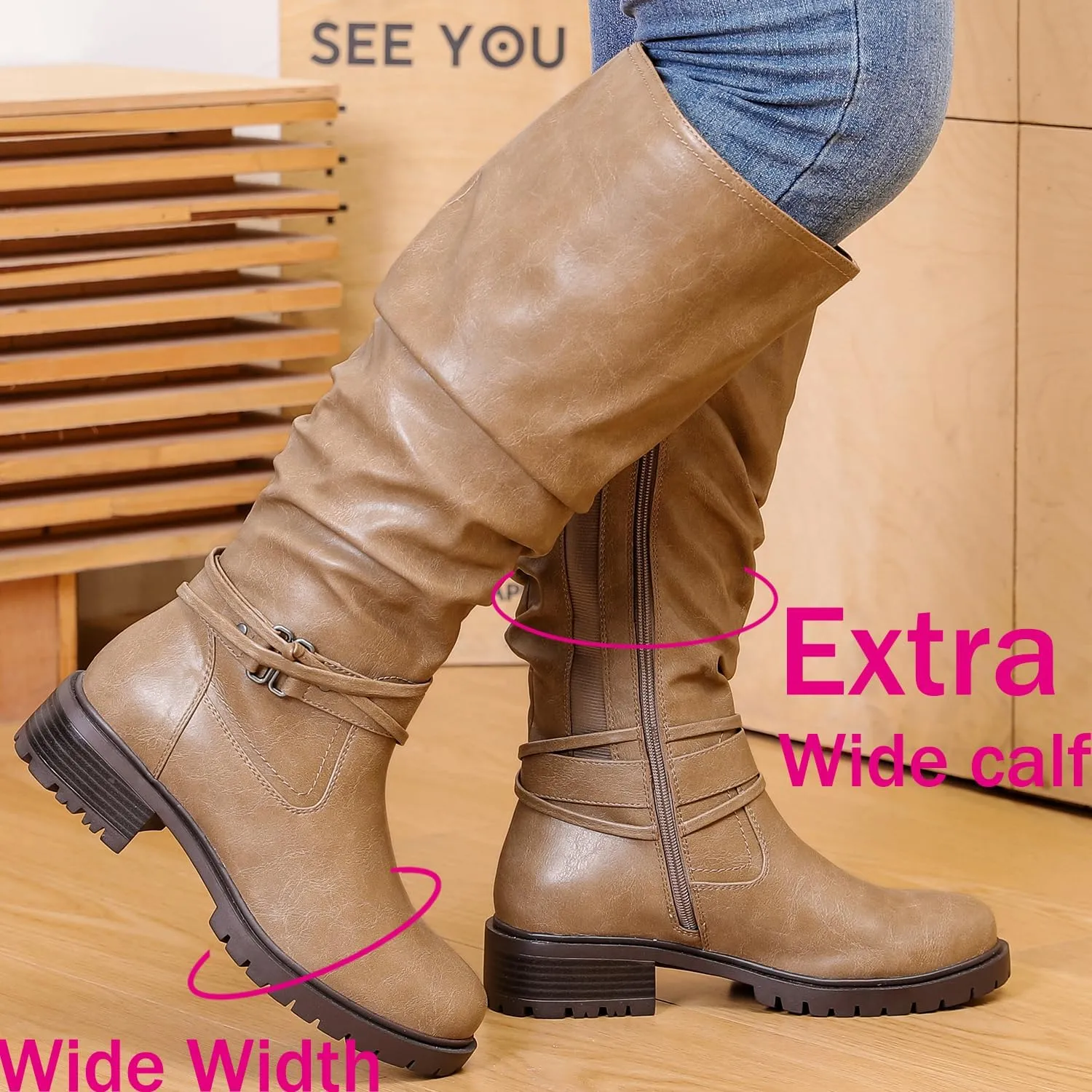 Luoika Women's Extra Wide Calf Knee High Boots, Plus Size Slouchy Knee-High Boots Wide Width Low Heel Winter Boots.
