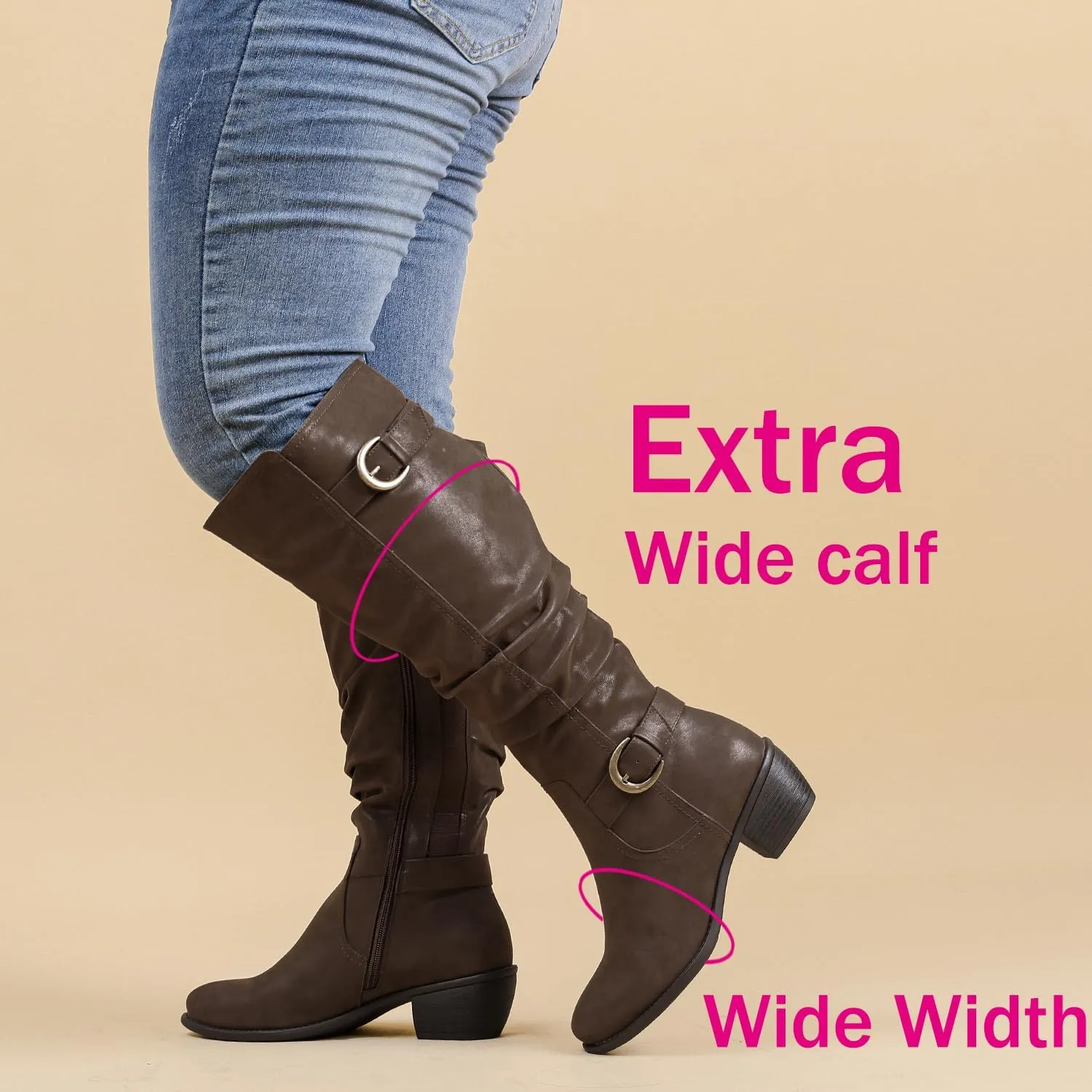Luoika Women's Extra Wide Calf Knee High Boots, Wide Width Slouchy Knee-High Boots Low Stacked Heel Winter Fall Plus Size Boots.