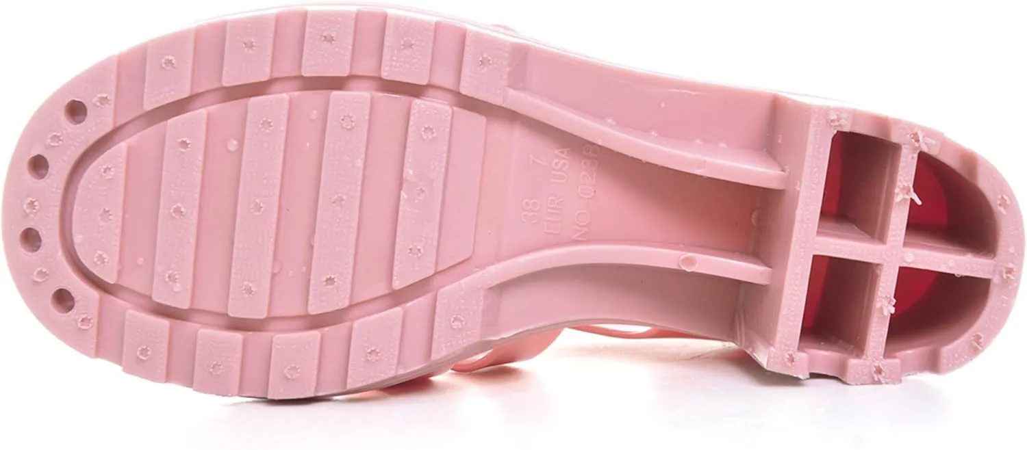 LUXINYU Women Jelly Sandals Adjustable Buckle T-Strap Round Toe Slingback Bling Flats Summer Fisherman's Sandal Glitter Rain Shoes