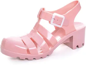 LUXINYU Women Jelly Sandals Adjustable Buckle T-Strap Round Toe Slingback Bling Flats Summer Fisherman's Sandal Glitter Rain Shoes