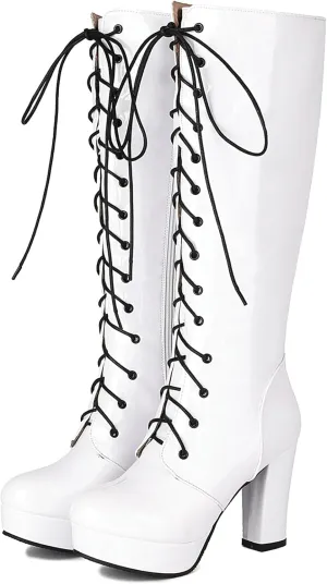 LUXMAX Women Patent Leather Knee High Boots Lace Up Platform Block High Heel Long Boots,Goth Knee High Boots Closed Toe Tall Boots
