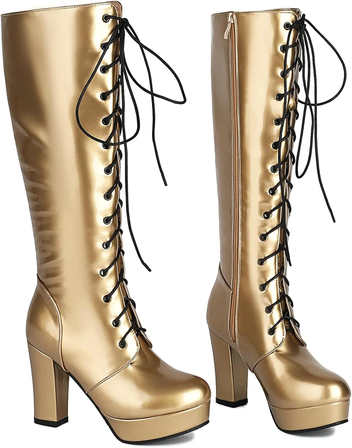 LUXMAX Women Patent Leather Knee High Boots Lace Up Platform Block High Heel Long Boots,Goth Knee High Boots Closed Toe Tall Boots