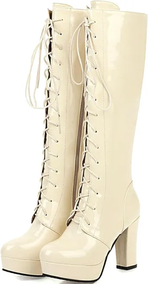 LUXMAX Women Patent Leather Knee High Boots Lace Up Platform Block High Heel Long Boots,Goth Knee High Boots Closed Toe Tall Boots