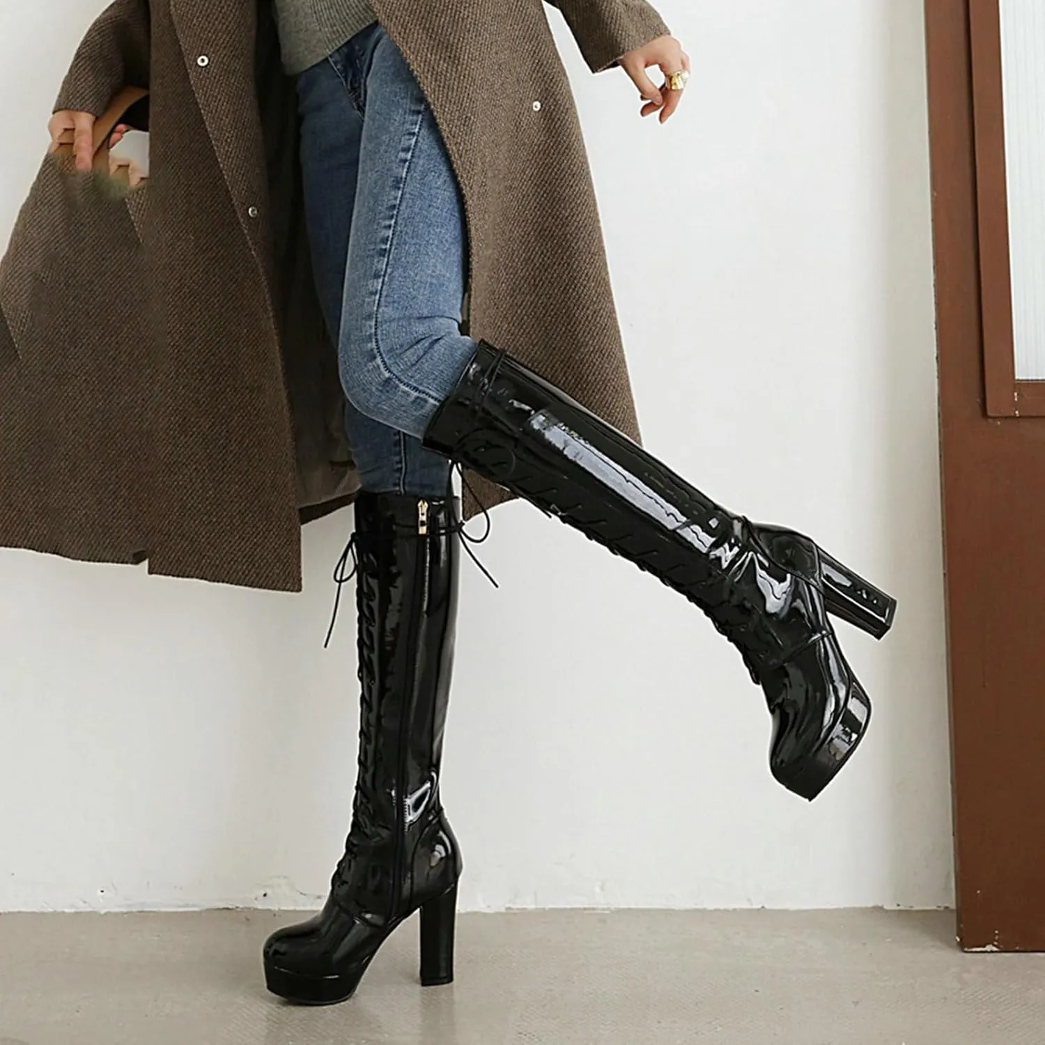 LUXMAX Women Patent Leather Knee High Boots Lace Up Platform Block High Heel Long Boots,Goth Knee High Boots Closed Toe Tall Boots