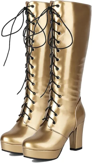 LUXMAX Women Patent Leather Knee High Boots Lace Up Platform Block High Heel Long Boots,Goth Knee High Boots Closed Toe Tall Boots