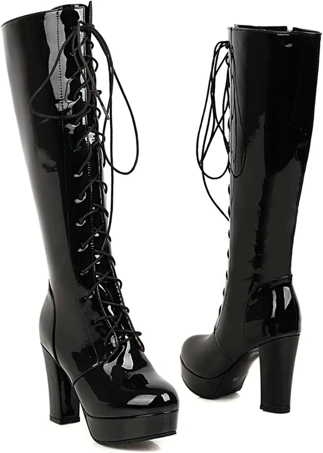 LUXMAX Women Patent Leather Knee High Boots Lace Up Platform Block High Heel Long Boots,Goth Knee High Boots Closed Toe Tall Boots