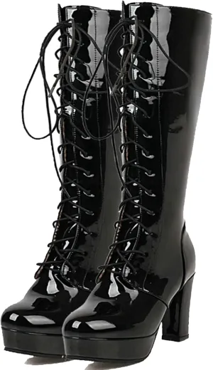 LUXMAX Women Patent Leather Knee High Boots Lace Up Platform Block High Heel Long Boots,Goth Knee High Boots Closed Toe Tall Boots