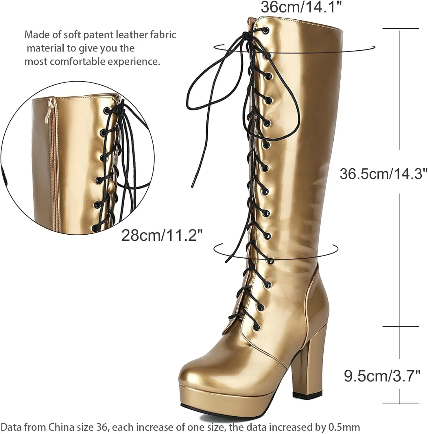 LUXMAX Women Patent Leather Knee High Boots Lace Up Platform Block High Heel Long Boots,Goth Knee High Boots Closed Toe Tall Boots