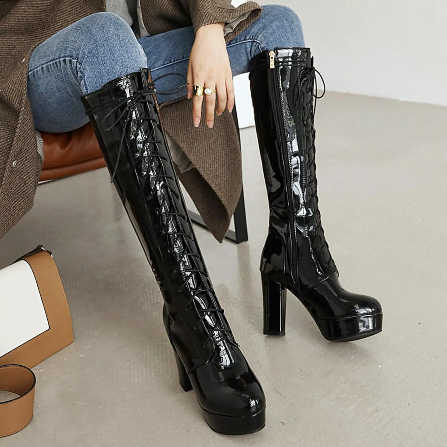 LUXMAX Women Patent Leather Knee High Boots Lace Up Platform Block High Heel Long Boots,Goth Knee High Boots Closed Toe Tall Boots