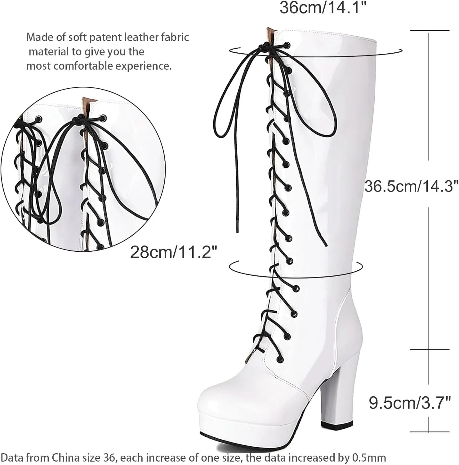 LUXMAX Women Patent Leather Knee High Boots Lace Up Platform Block High Heel Long Boots,Goth Knee High Boots Closed Toe Tall Boots