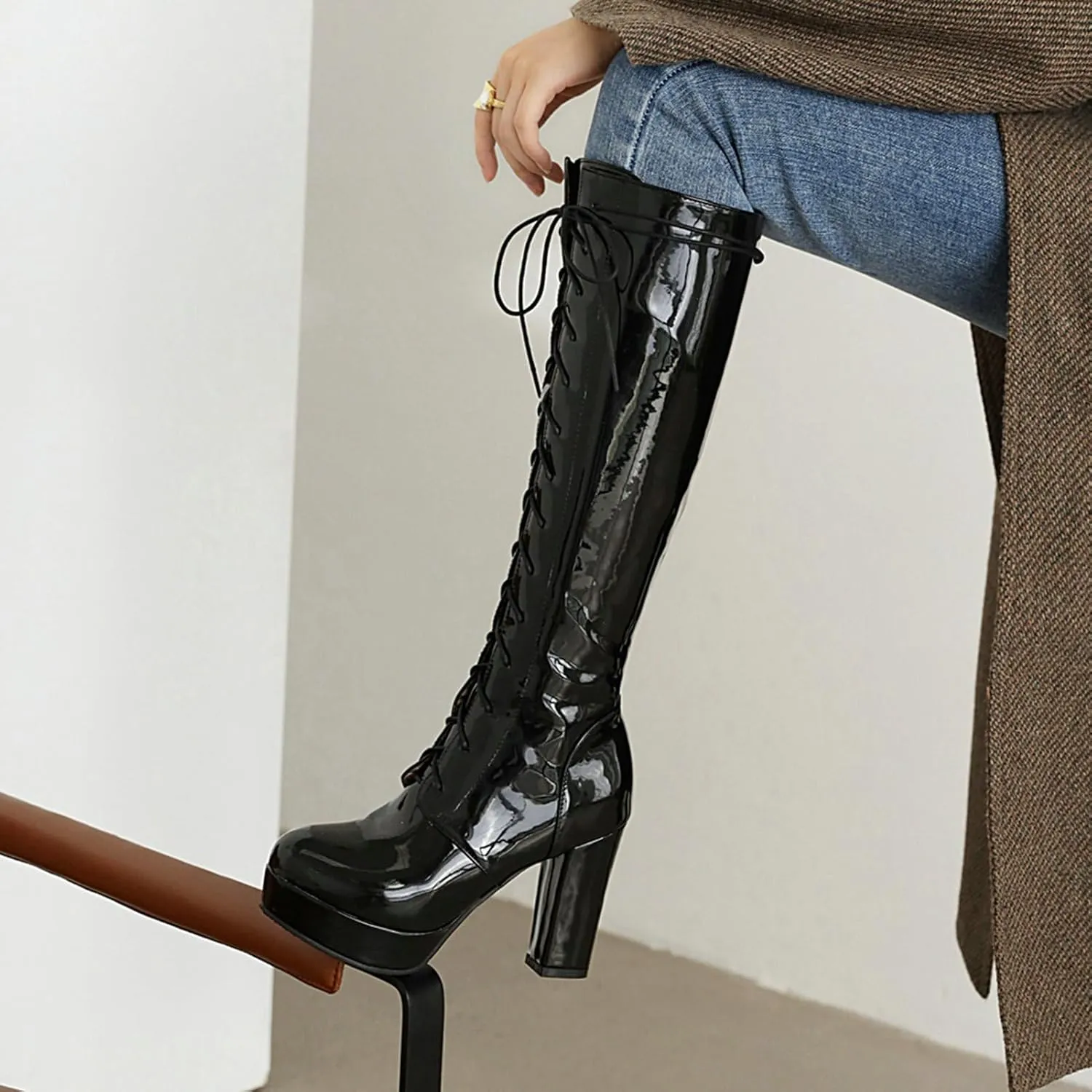 LUXMAX Women Patent Leather Knee High Boots Lace Up Platform Block High Heel Long Boots,Goth Knee High Boots Closed Toe Tall Boots