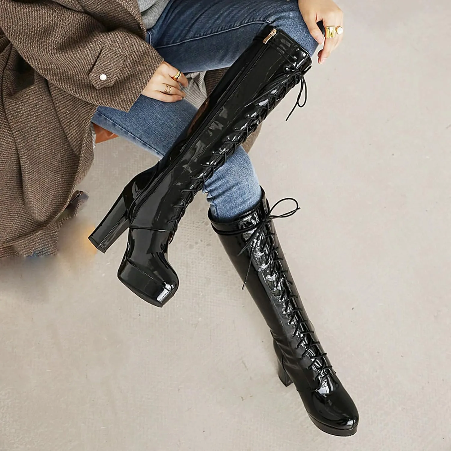 LUXMAX Women Patent Leather Knee High Boots Lace Up Platform Block High Heel Long Boots,Goth Knee High Boots Closed Toe Tall Boots