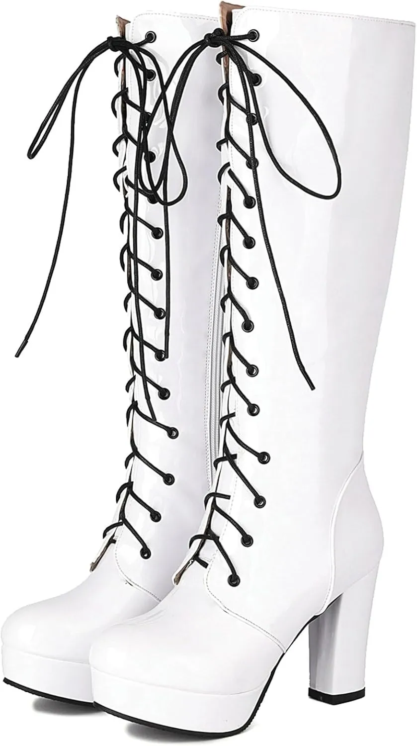LUXMAX Women Patent Leather Knee High Boots Lace Up Platform Block High Heel Long Boots,Goth Knee High Boots Closed Toe Tall Boots
