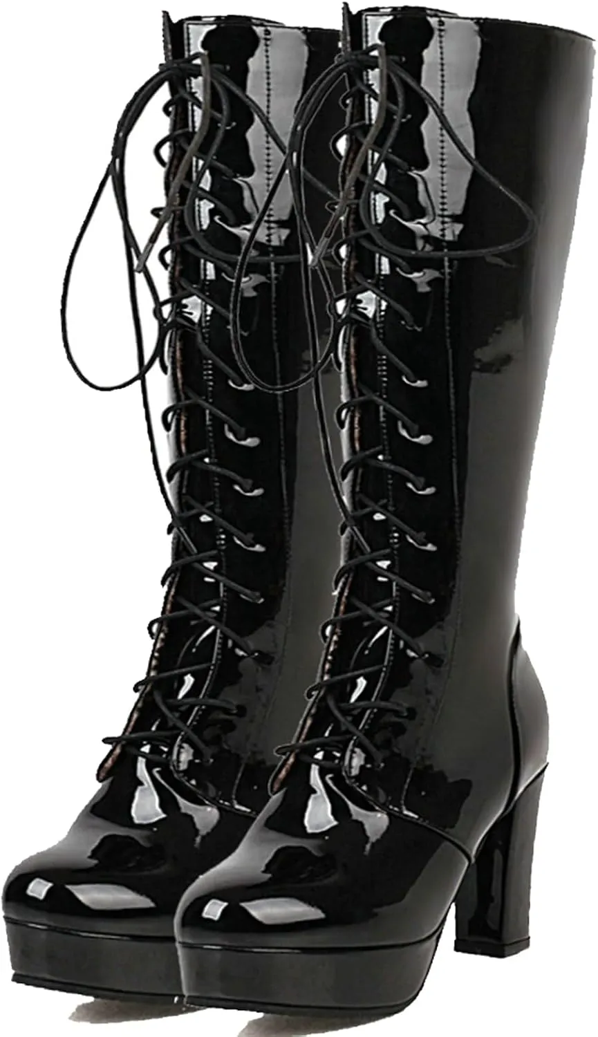 LUXMAX Women Patent Leather Knee High Boots Lace Up Platform Block High Heel Long Boots,Goth Knee High Boots Closed Toe Tall Boots