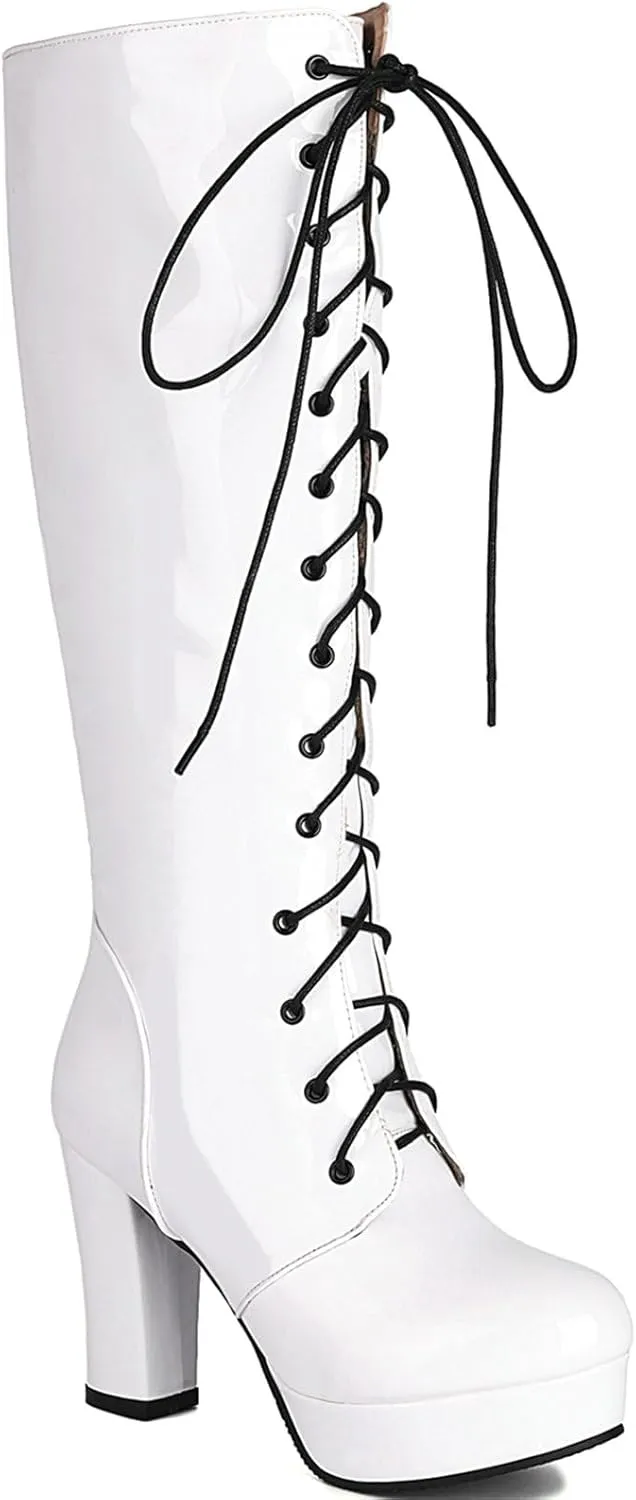 LUXMAX Women Patent Leather Knee High Boots Lace Up Platform Block High Heel Long Boots,Goth Knee High Boots Closed Toe Tall Boots