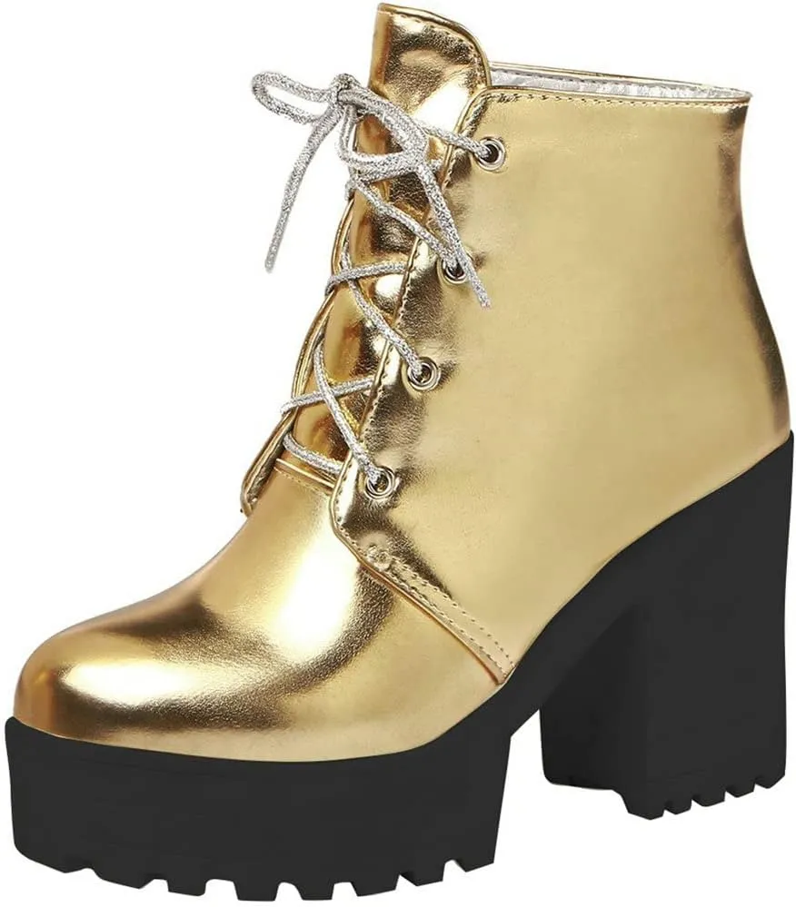 LUXMAX Women Platform Lace Up Ankle Boots Block High Heel Winter Booties