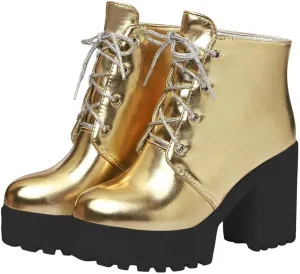 LUXMAX Women Platform Lace Up Ankle Boots Block High Heel Winter Booties