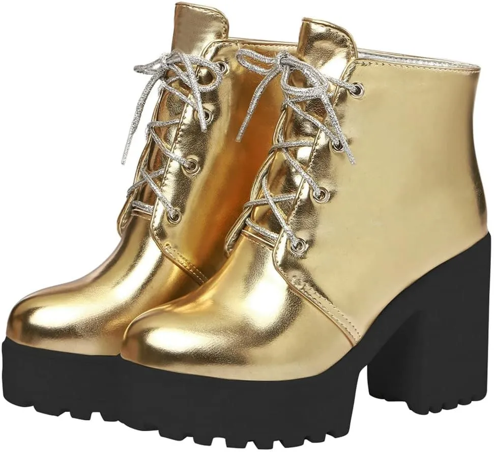 LUXMAX Women Platform Lace Up Ankle Boots Block High Heel Winter Booties