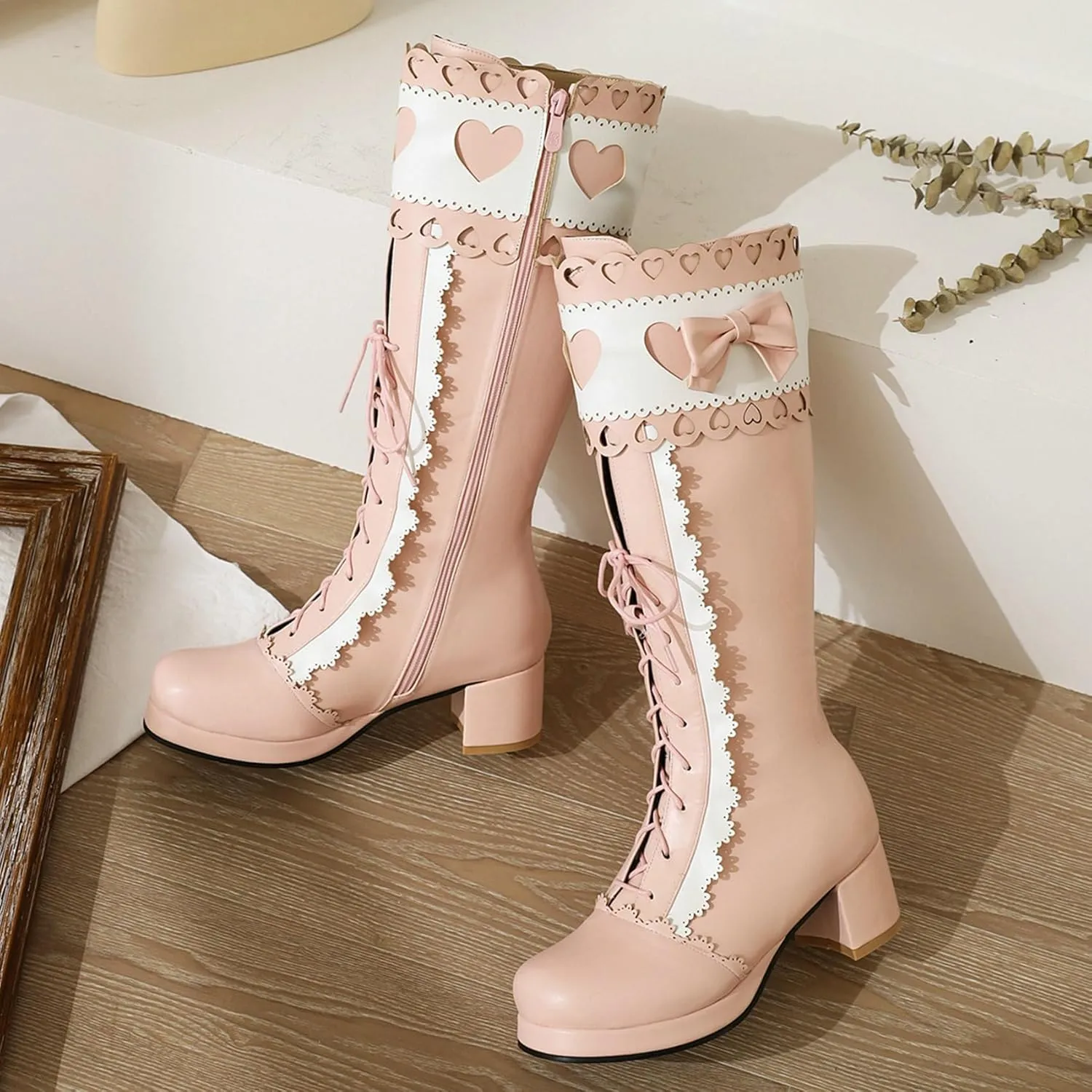 Meefit Women Lolita Lace Up Knee High Boot Platform Chunky Mid Heel Long Boots Kawaii Shoes,Bow Knee High Boots
