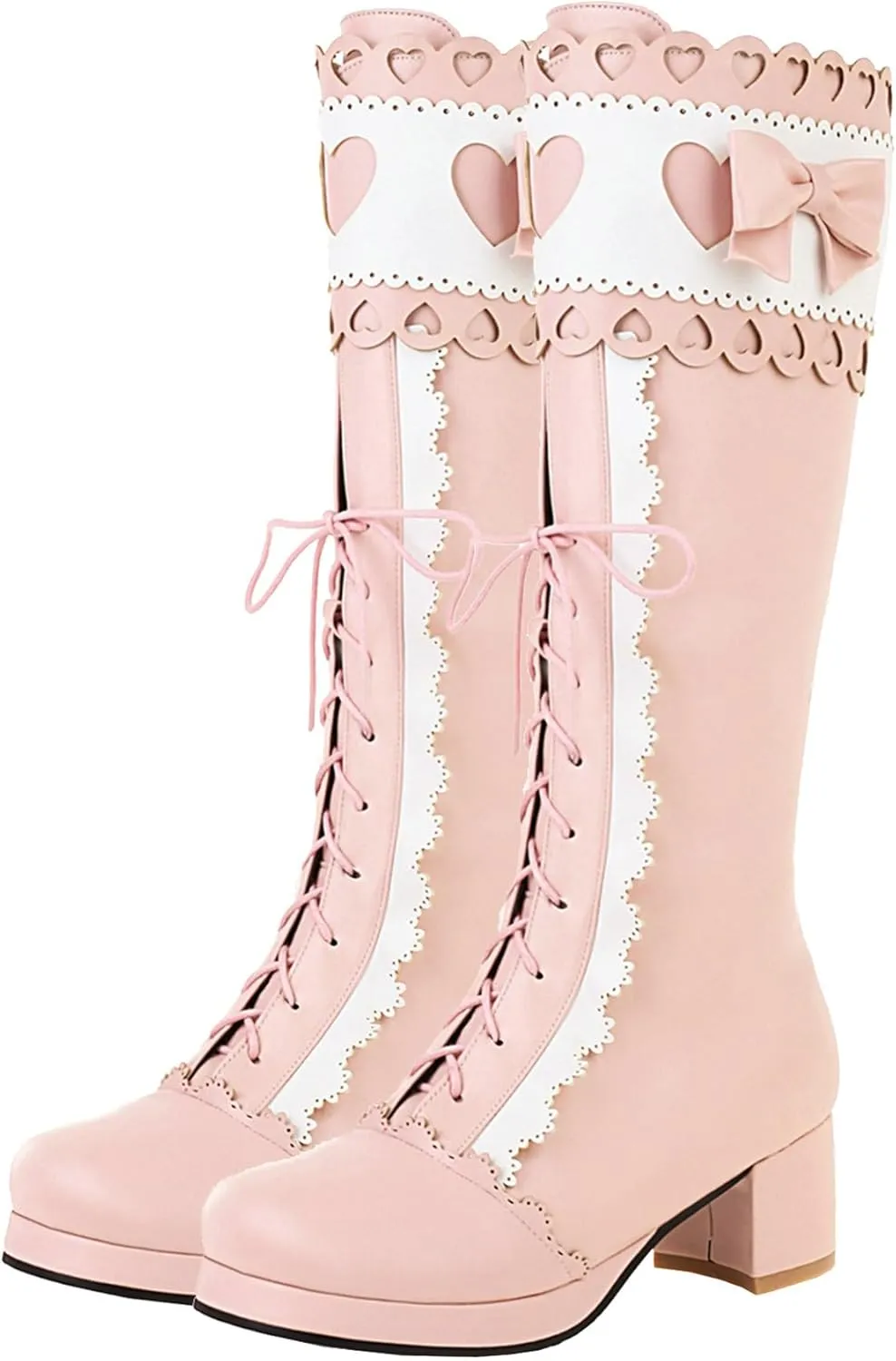 Meefit Women Lolita Lace Up Knee High Boot Platform Chunky Mid Heel Long Boots Kawaii Shoes,Bow Knee High Boots