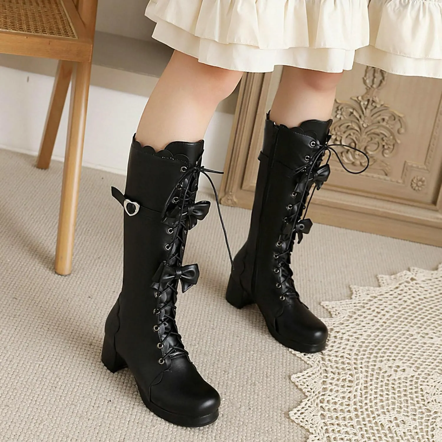 Meefit Women Lolita Lace Up Knee High Boot Platform Chunky Mid Heel Long Boots Kawaii Shoes,Bow Knee High Boots