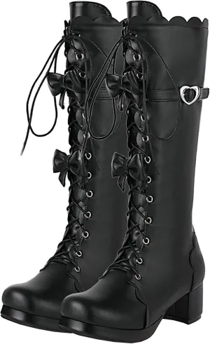 Meefit Women Lolita Lace Up Knee High Boot Platform Chunky Mid Heel Long Boots Kawaii Shoes,Bow Knee High Boots