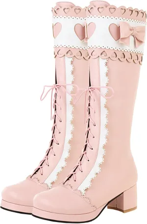 Meefit Women Lolita Lace Up Knee High Boot Platform Chunky Mid Heel Long Boots Kawaii Shoes,Bow Knee High Boots