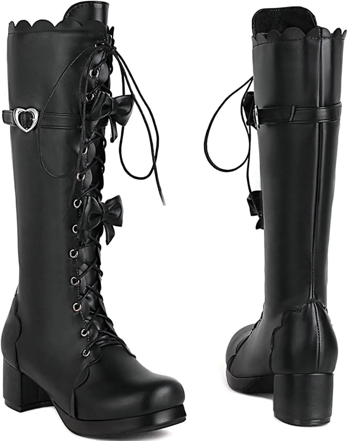 Meefit Women Lolita Lace Up Knee High Boot Platform Chunky Mid Heel Long Boots Kawaii Shoes,Bow Knee High Boots