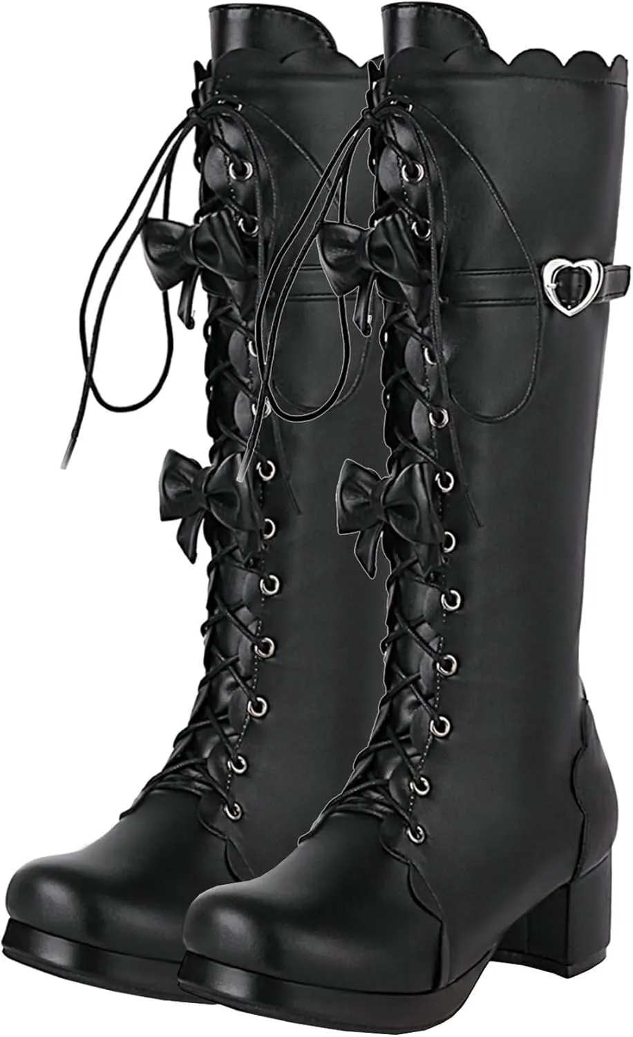 Meefit Women Lolita Lace Up Knee High Boot Platform Chunky Mid Heel Long Boots Kawaii Shoes,Bow Knee High Boots