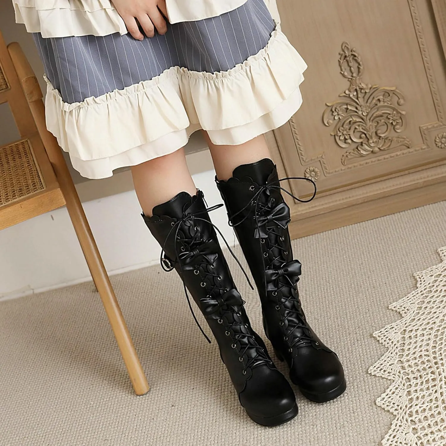 Meefit Women Lolita Lace Up Knee High Boot Platform Chunky Mid Heel Long Boots Kawaii Shoes,Bow Knee High Boots
