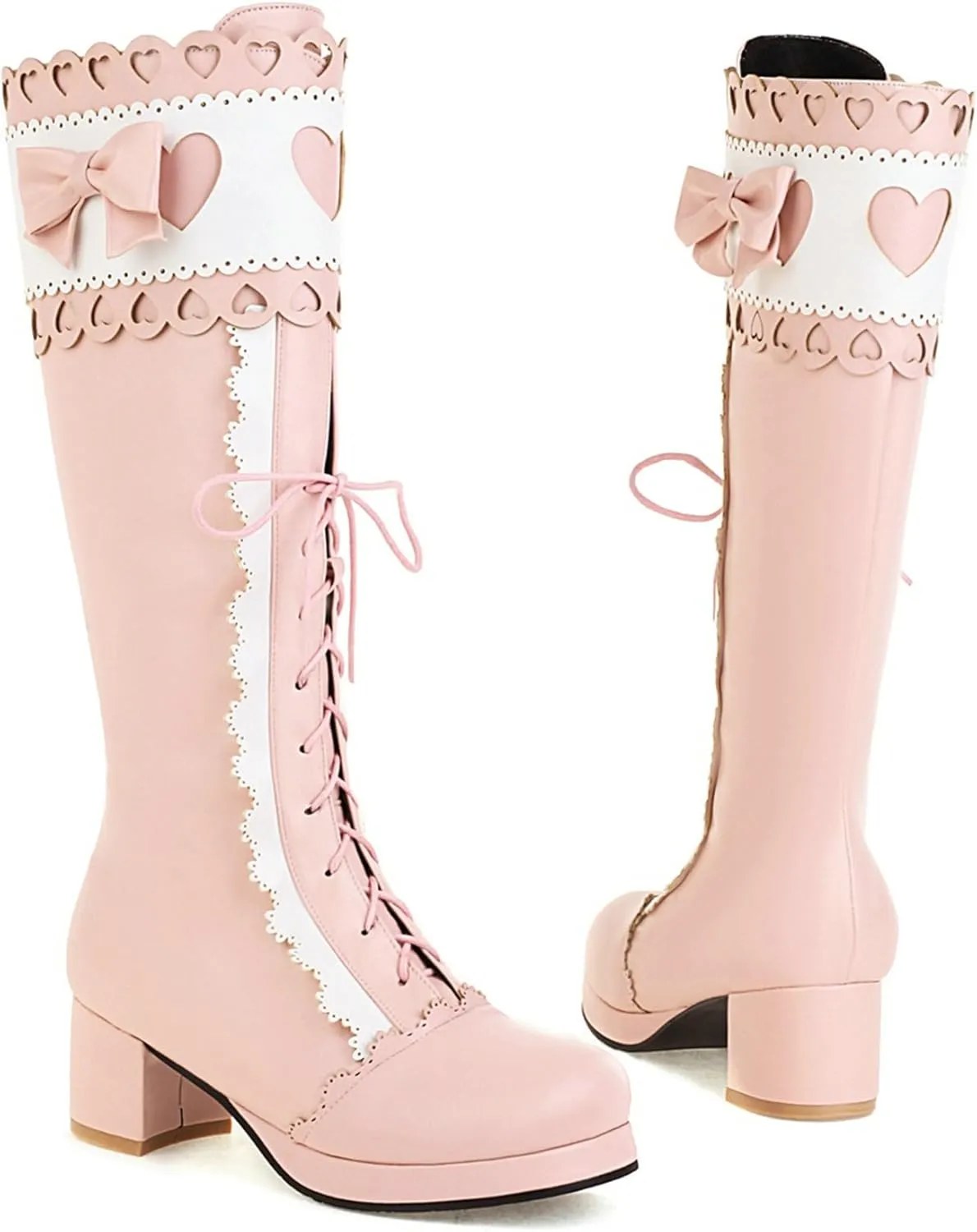 Meefit Women Lolita Lace Up Knee High Boot Platform Chunky Mid Heel Long Boots Kawaii Shoes,Bow Knee High Boots