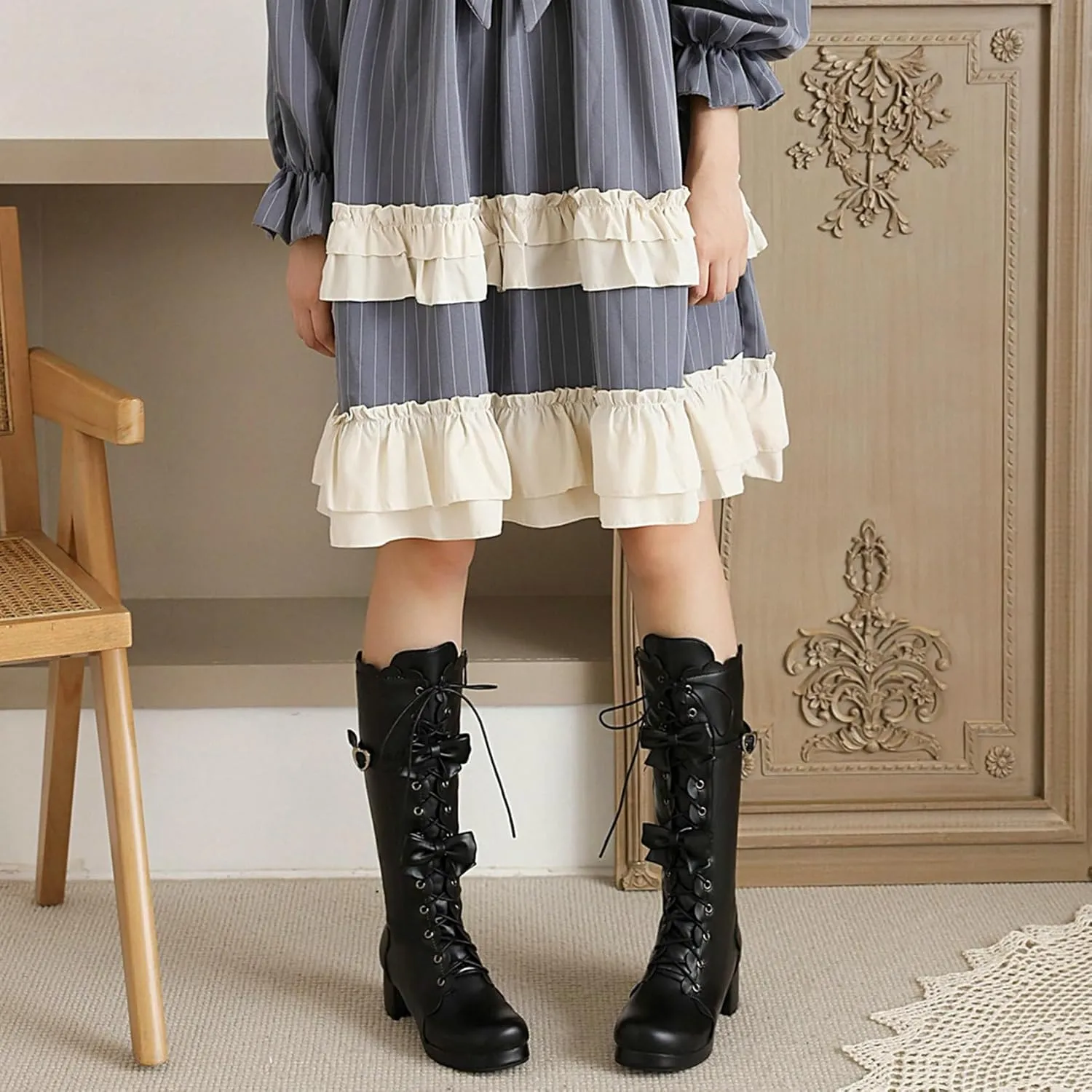Meefit Women Lolita Lace Up Knee High Boot Platform Chunky Mid Heel Long Boots Kawaii Shoes,Bow Knee High Boots