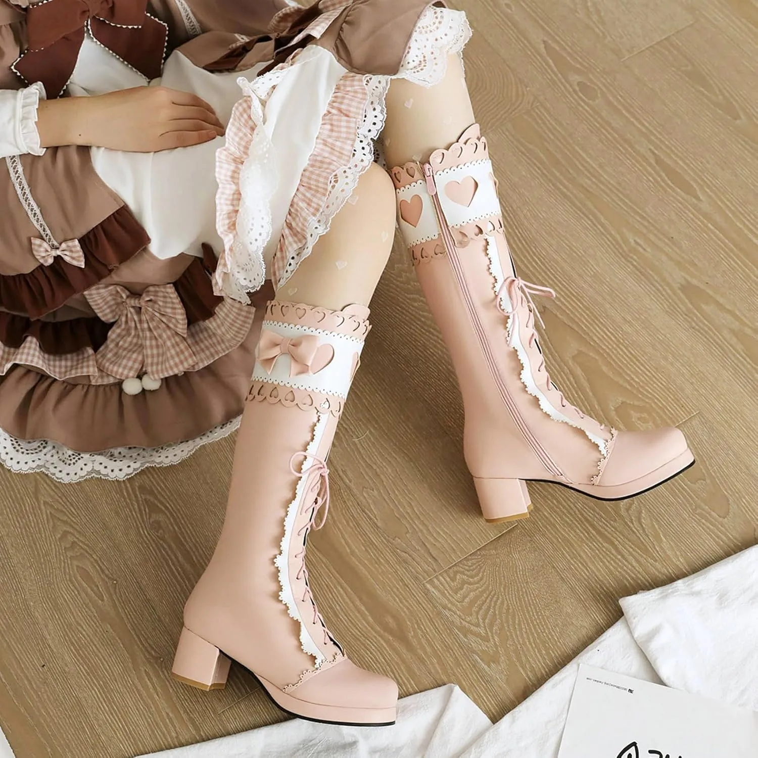 Meefit Women Lolita Lace Up Knee High Boot Platform Chunky Mid Heel Long Boots Kawaii Shoes,Bow Knee High Boots