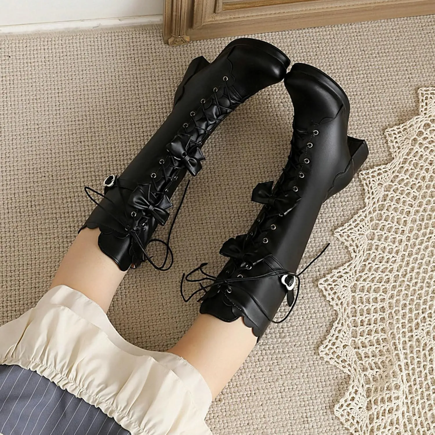 Meefit Women Lolita Lace Up Knee High Boot Platform Chunky Mid Heel Long Boots Kawaii Shoes,Bow Knee High Boots