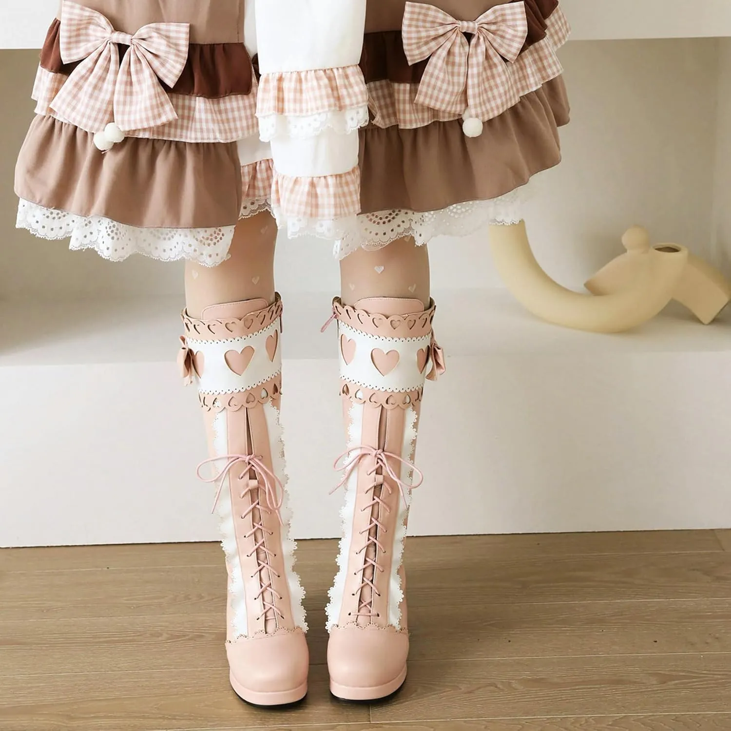 Meefit Women Lolita Lace Up Knee High Boot Platform Chunky Mid Heel Long Boots Kawaii Shoes,Bow Knee High Boots