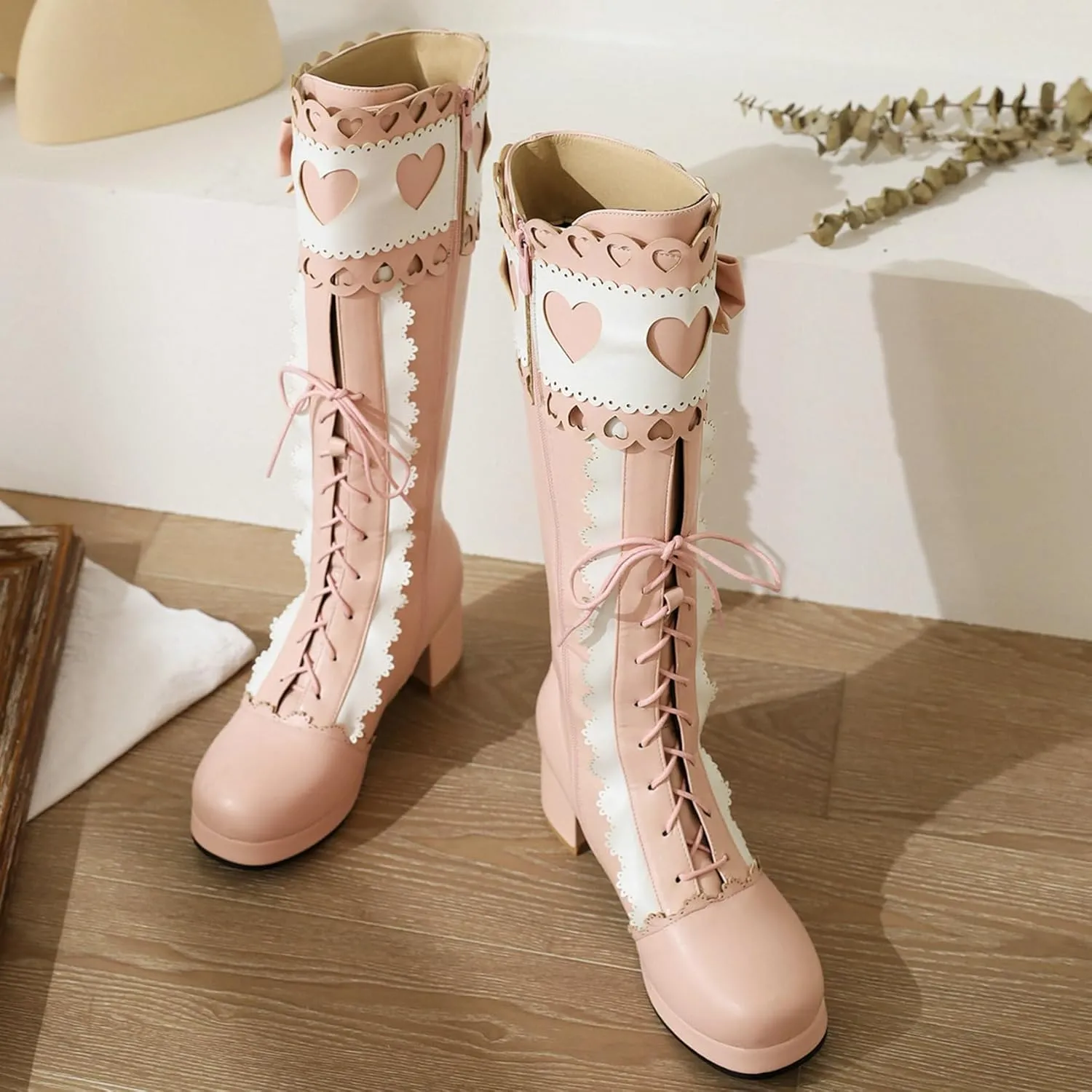 Meefit Women Lolita Lace Up Knee High Boot Platform Chunky Mid Heel Long Boots Kawaii Shoes,Bow Knee High Boots