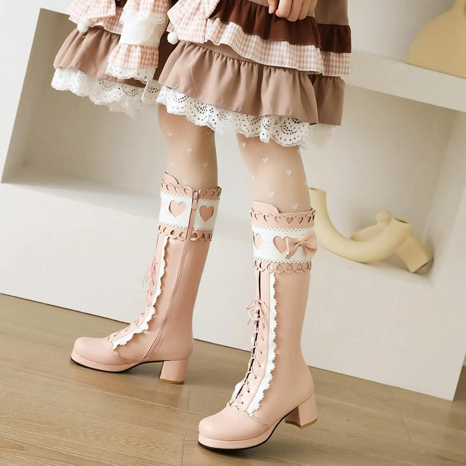 Meefit Women Lolita Lace Up Knee High Boot Platform Chunky Mid Heel Long Boots Kawaii Shoes,Bow Knee High Boots