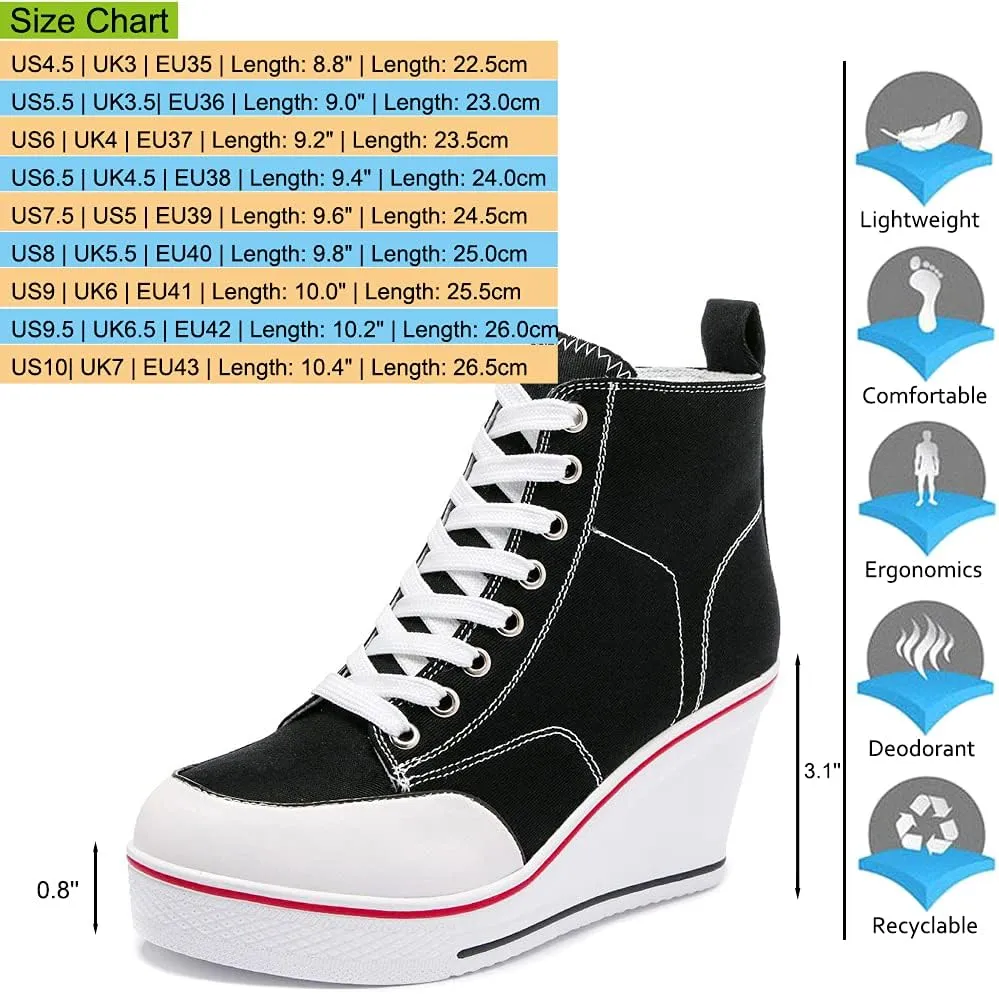 Mei MACLEOD High Heel Sneakers for Women Wedge Heel Sneaker with Side Zipper Casual Lace Up Canvas Shoes for College Students