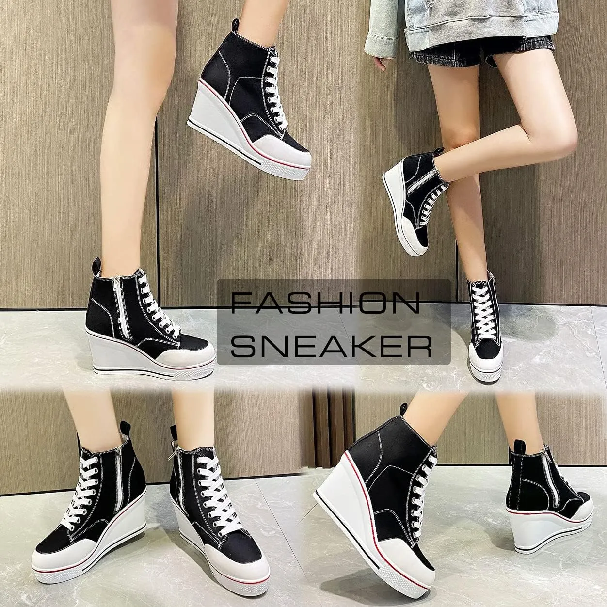 Mei MACLEOD High Heel Sneakers for Women Wedge Heel Sneaker with Side Zipper Casual Lace Up Canvas Shoes for College Students