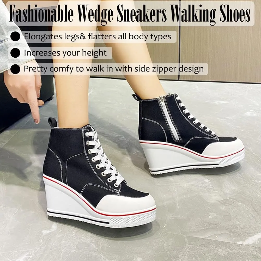 Mei MACLEOD High Heel Sneakers for Women Wedge Heel Sneaker with Side Zipper Casual Lace Up Canvas Shoes for College Students