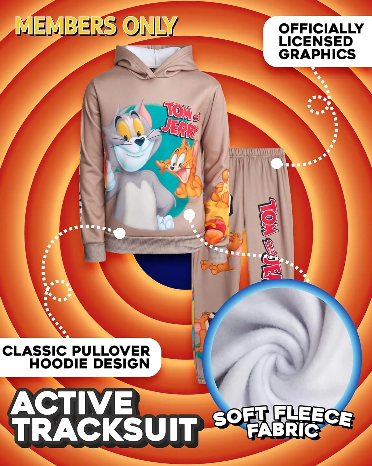 Members Only Boys' Active Tracksuit Set - 2 Piece Looney Tunes, Marvin, Tom & Jerry Fleece Hoodie and Sweatpants (Size: 4-18)
