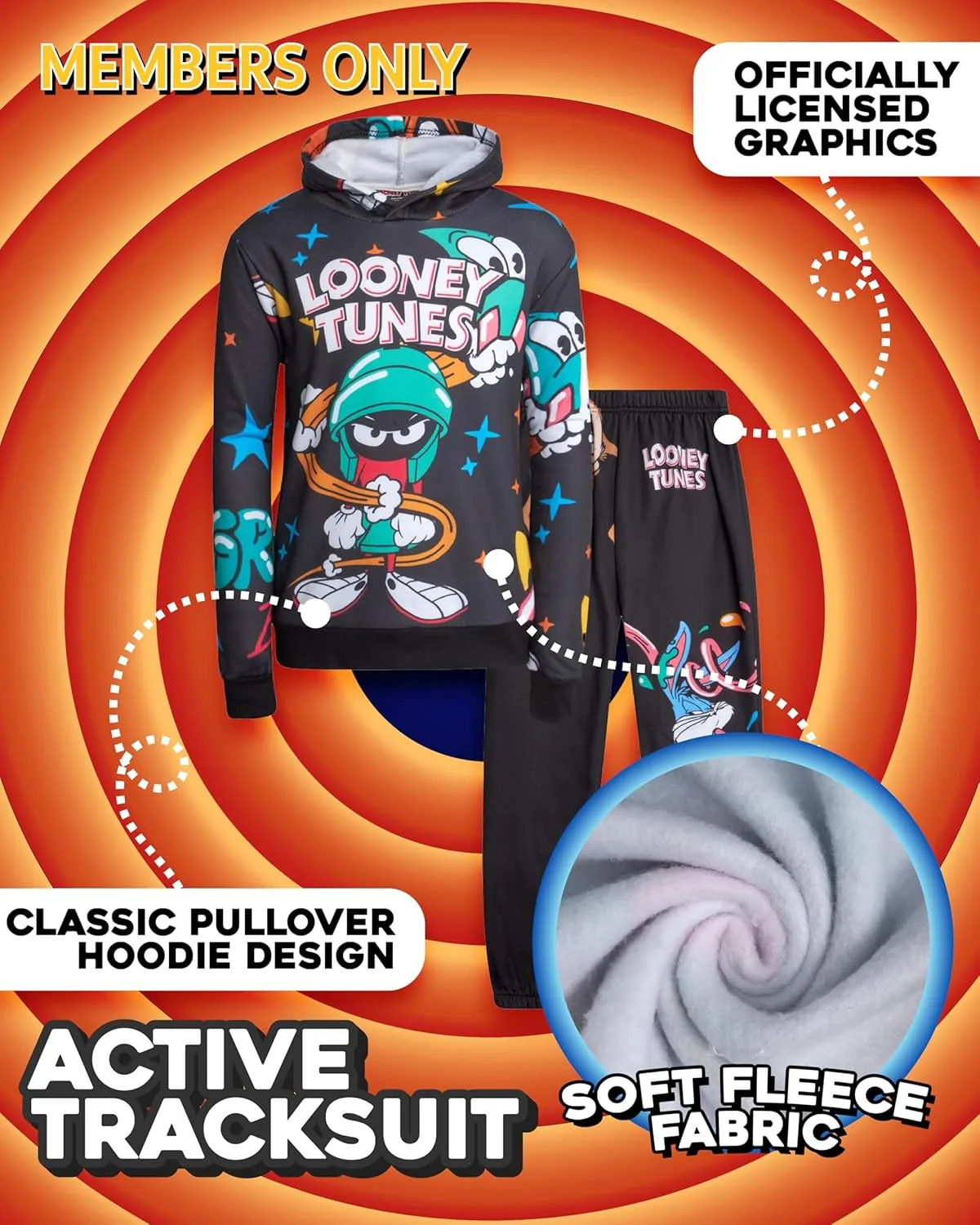 Members Only Boys' Active Tracksuit Set - 2 Piece Looney Tunes, Marvin, Tom & Jerry Fleece Hoodie and Sweatpants (Size: 4-18)
