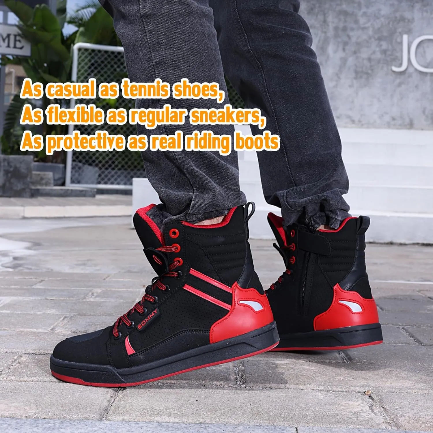 Men Casual Motorcycle Shoes Suede Riding High Top Sneakers, Cowhide with Double Layer,with Gear Shift Pad and Side Zipper