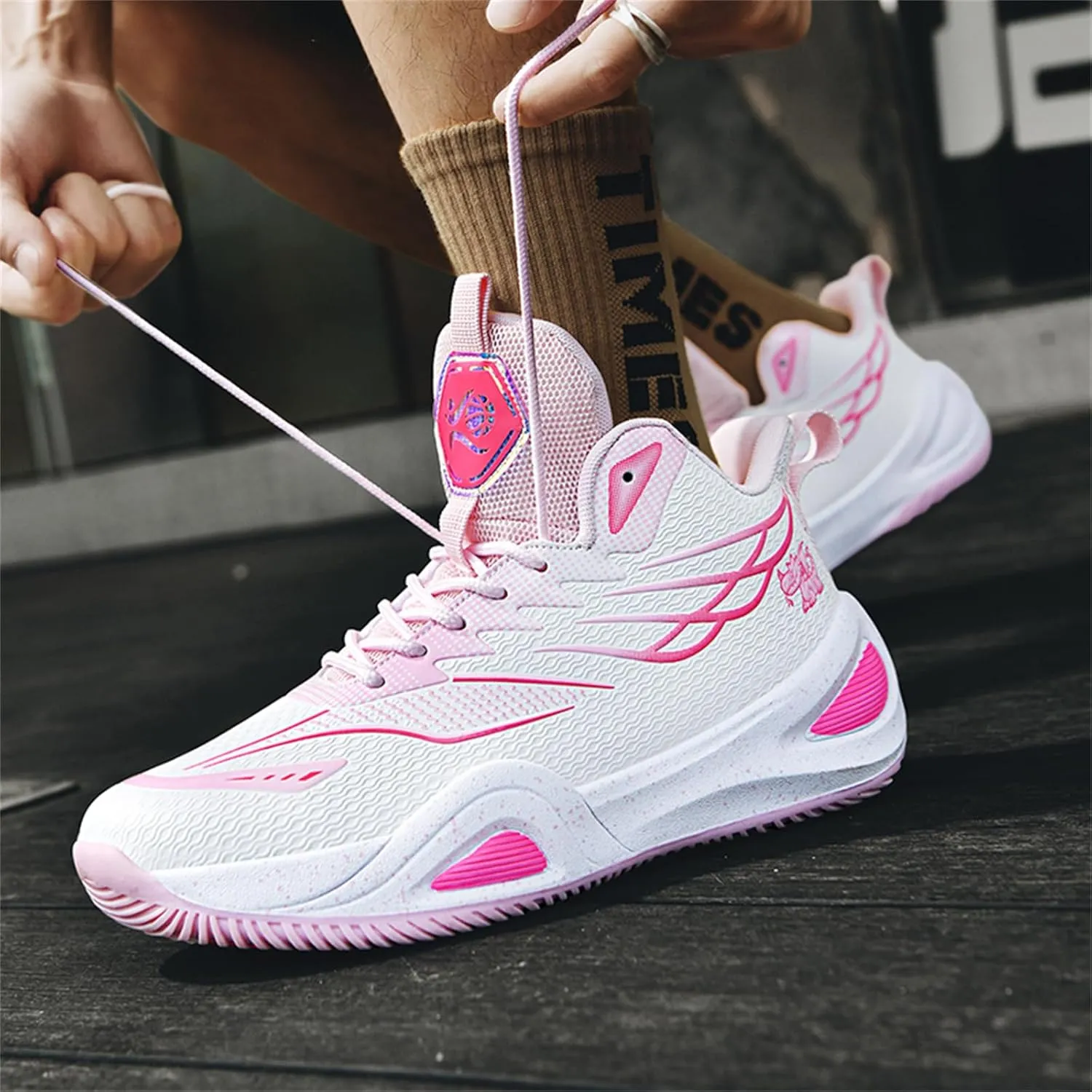 Mens Breathable Mesh Lace Up Basketball Shoes with Arch Support Non-Slip Comfortable High Top Sneakers Running Walking Tennis Shoes
